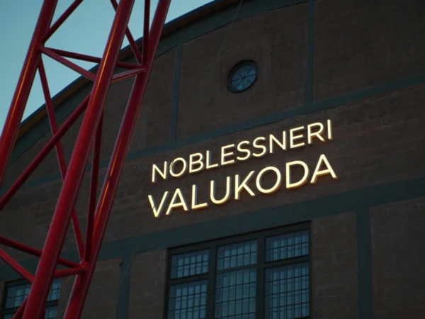 Noblessneri Valukoja valgustatud logo ajaloolise tellishoone fassaadil õhtuvalguses