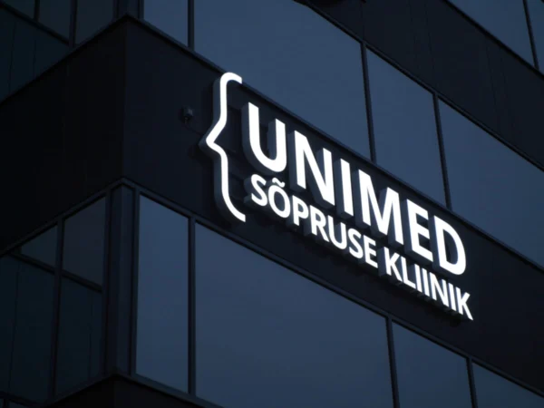 UNIMED Sõpruse Kliiniku valgustatud logo tumedal klaasfassaadil õhtuhämaruses